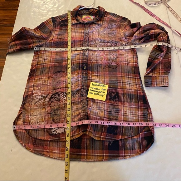 Handmade Floral Flannel Shirt Womens Size Medium Bleached Plaid Button Down Gold - Picture 8 of 11